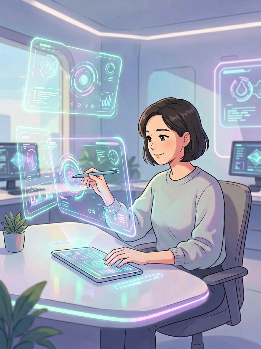 AI comic creation scene, creative workspace with holographic UI panels, soft futuristic aesthetic, n