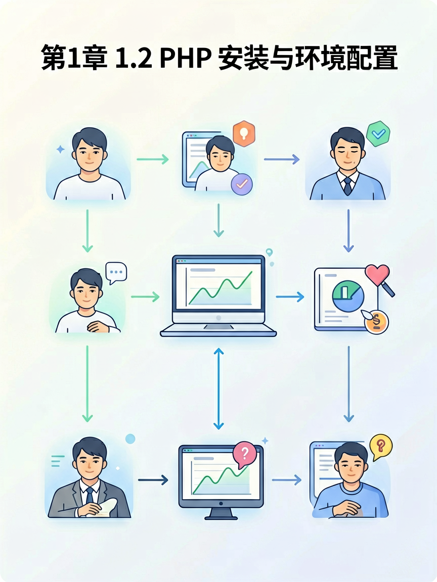 Simple tech illustration explaining a key concept about "第1章 1.2  PHP 安装与环境配置", infographic style wi
