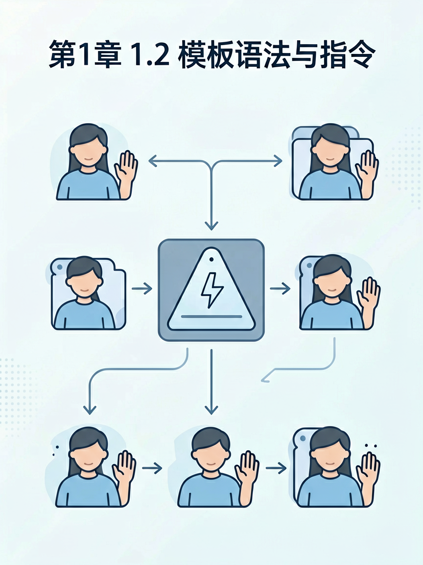 Simple tech illustration explaining a key concept about "第1章 1.2 模板语法与指令", infographic style with cl