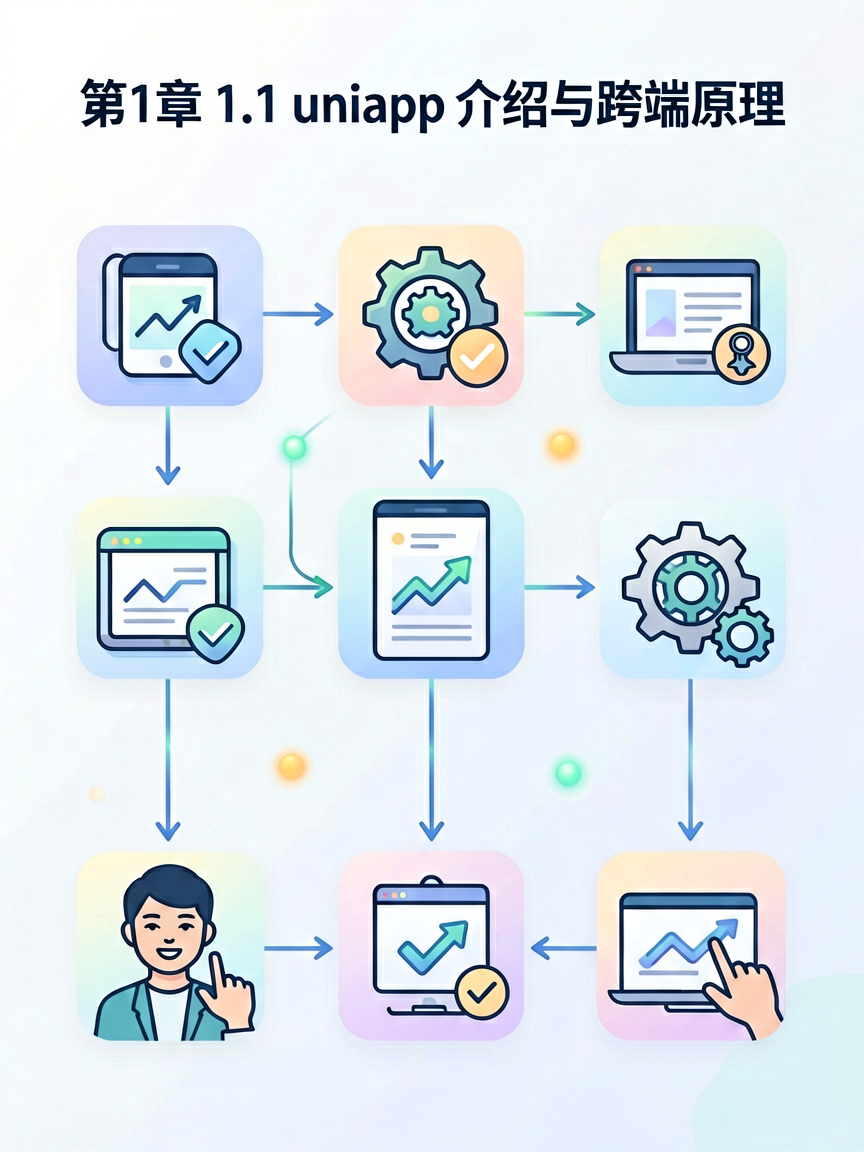 Simple tech illustration explaining a key concept about "第1章 1.1 uniapp 介绍与跨端原理", infographic style 