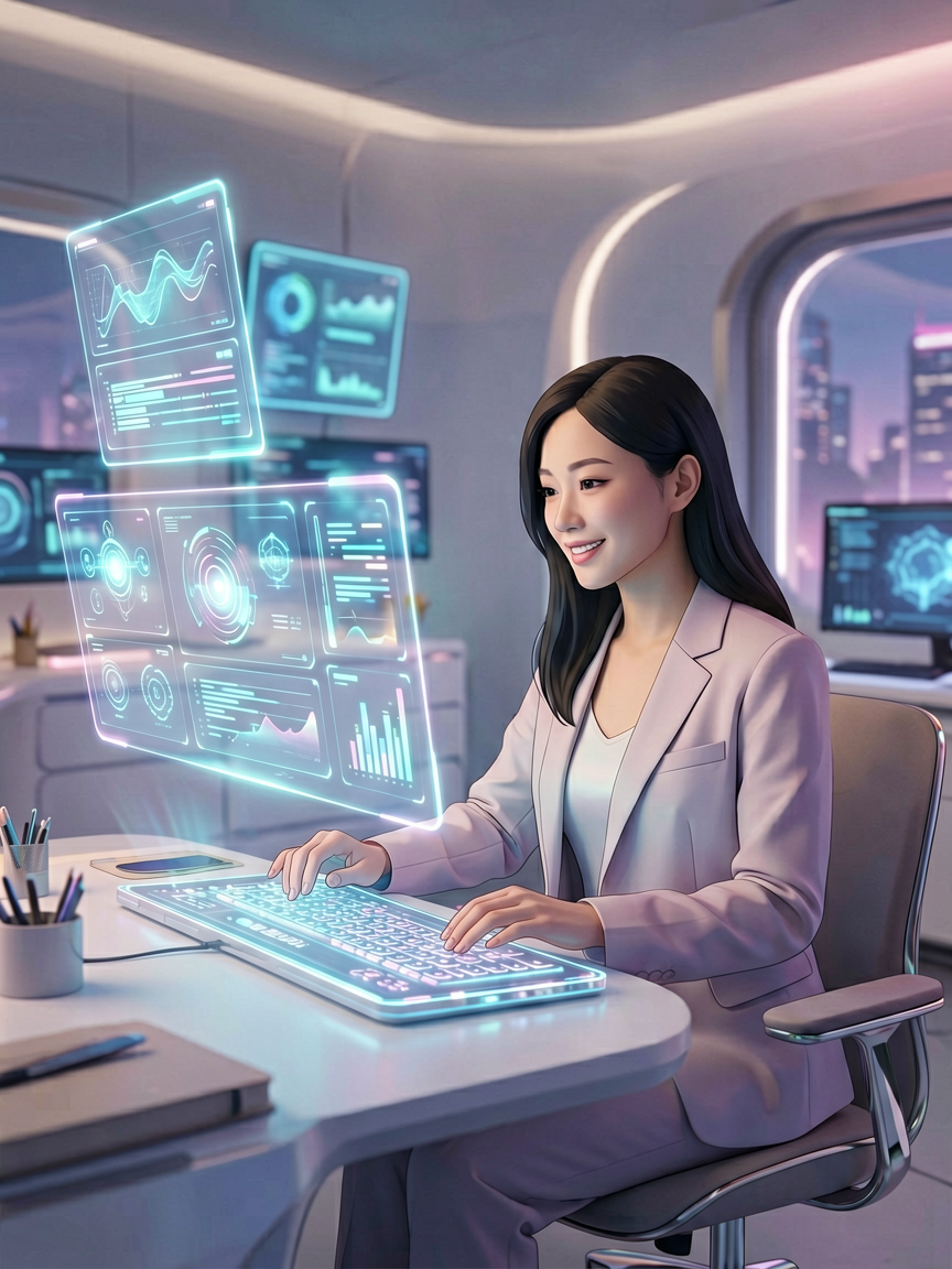 AI comic creation scene, creative workspace with holographic UI panels, soft futuristic aesthetic, n