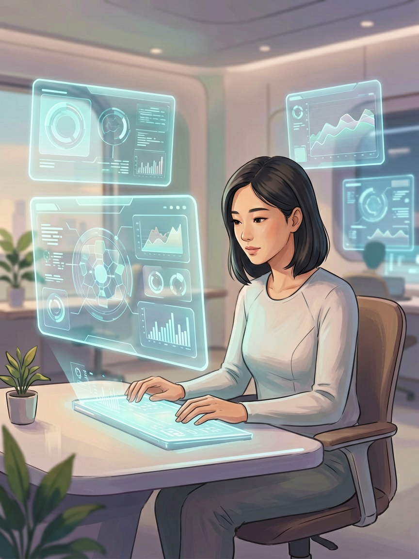 AI comic creation scene, creative workspace with holographic UI panels, soft futuristic aesthetic, n
