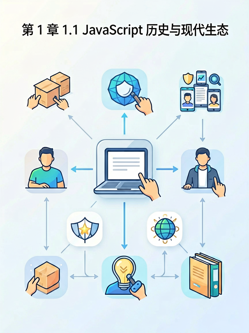 Simple tech illustration explaining a key concept about "第 1 章 1.1 JavaScript 历史与现代生态", infographic 