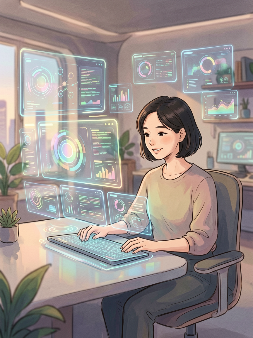 AI comic creation scene, creative workspace with holographic UI panels, soft futuristic aesthetic, n