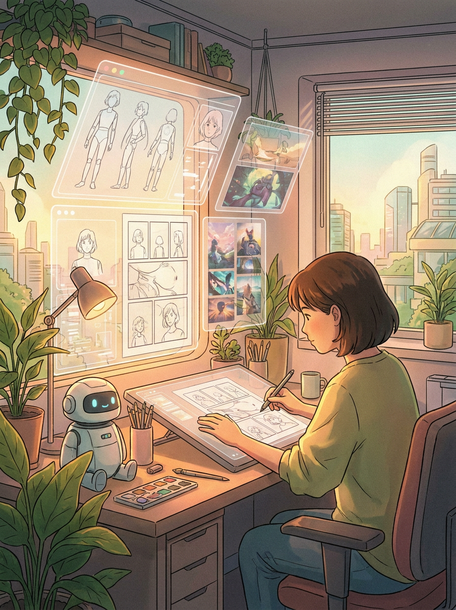 AI comic creation scene, creat