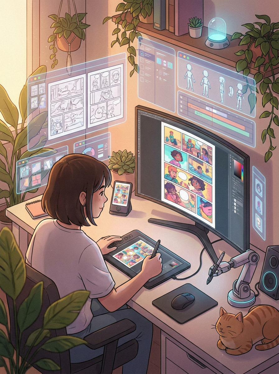 AI comic creation scene, creat